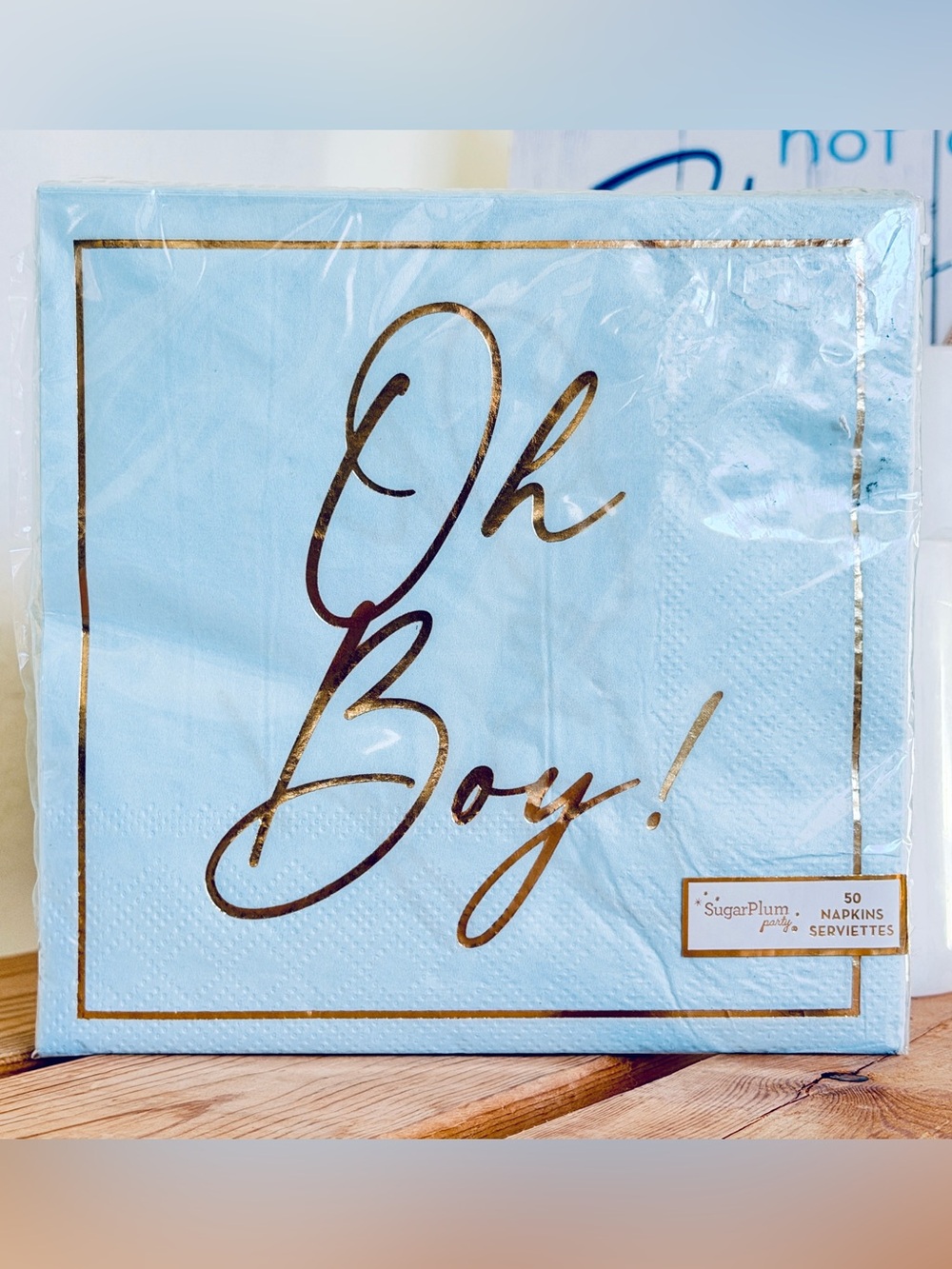 NWT SugarPlum Oh Boy! Light Blue Gold Foil Baby Shower 50 Count 6.5" Napkins